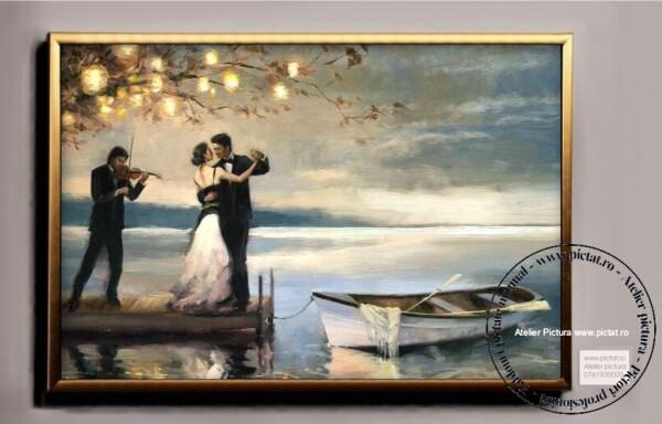 Tablou pictat manual Peisaj romantic, tablou cu indragostiti, portret de nunta