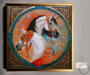 Tablou pictat manual in ulei pe panza abstract cu 2 cai albi