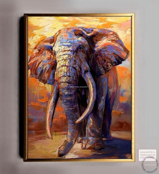 Tablou pictat manual Elefant in savana, tablou abstract pictura ulei, tablouri dimensiuni mari, tablouri la comanda pictate manual ulei pe panza