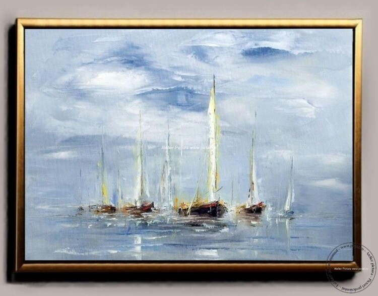Peisaj marin cu barci,Tablouri pictate manual tablou abstract pictat manual