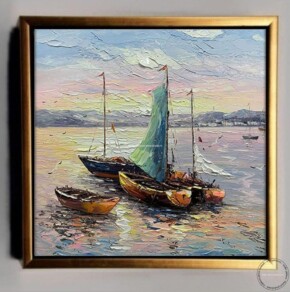 Tablou pictat manual Peisaj marin cu barci la rasaritul soarelui