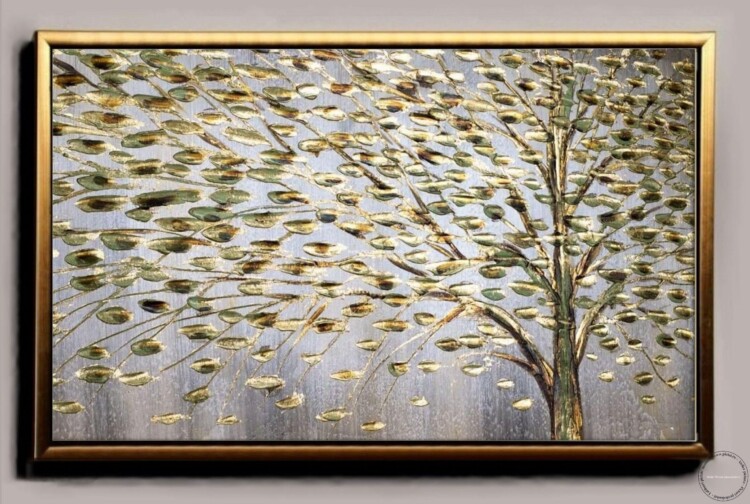 Tablou pictat manual copac cu frunze aurii tablou copac cu ramuri aurii