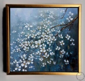 Tablou pictat manual cu Flori de mar, Tablou cu ramuri inflorite, Pictura cu flori albe