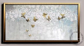 Tablou pictat manual cu flori albe si fluturi Pictura cu fluturi aurii si flori tablou cu fluturi