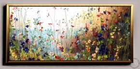 Tablou pictat manual peisaj camp cu flori de primavara pictura cu flori de camp