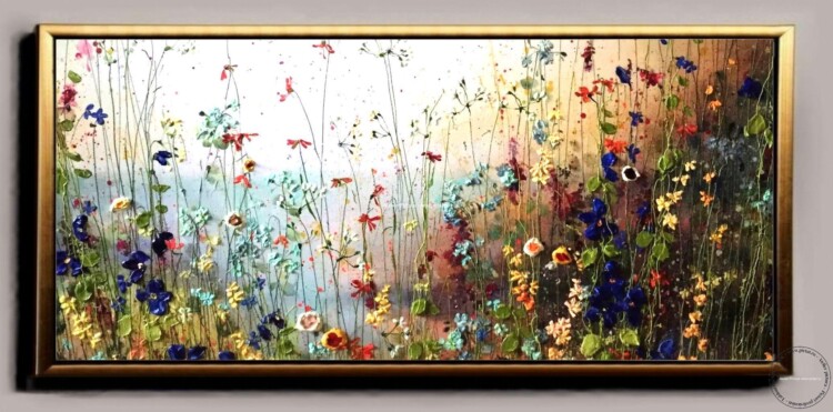 Tablou pictat manual peisaj camp cu flori de primavara pictura cu flori de camp