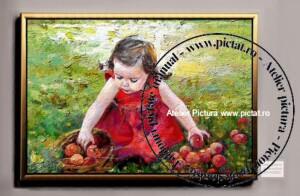 Tablouri pictate manual, Fetita cu rochita rosie in livada cu mere rosii