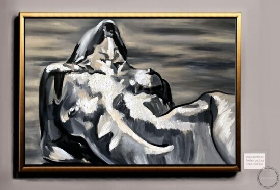 Tablouri pictate manual, Nud senzual abstract, alb negru, Nud femeie