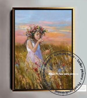 Tablouri pictate manual Peisaj de vara, fetita cu coronita de flori in lanul de grau