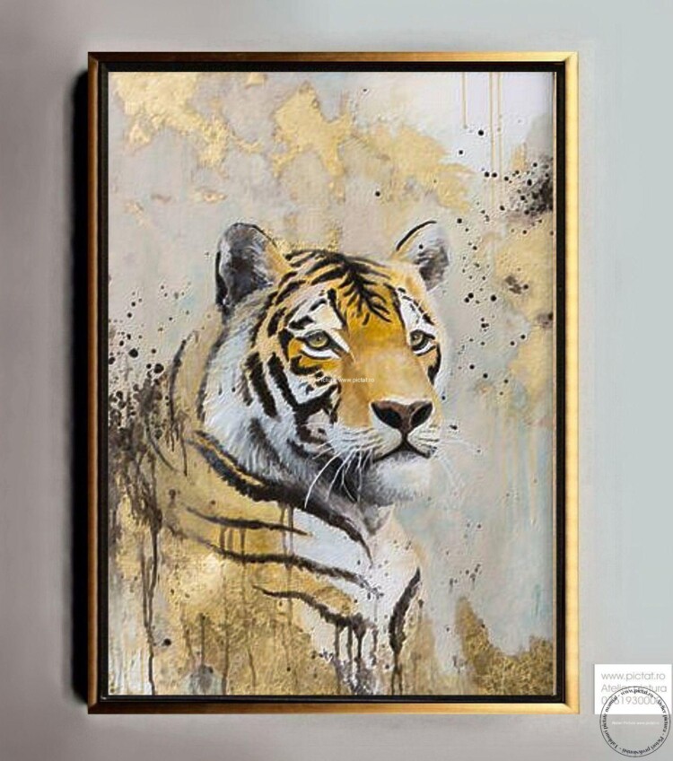 Tablouri pictate manual Tablou cu tigru foita de aur portret
