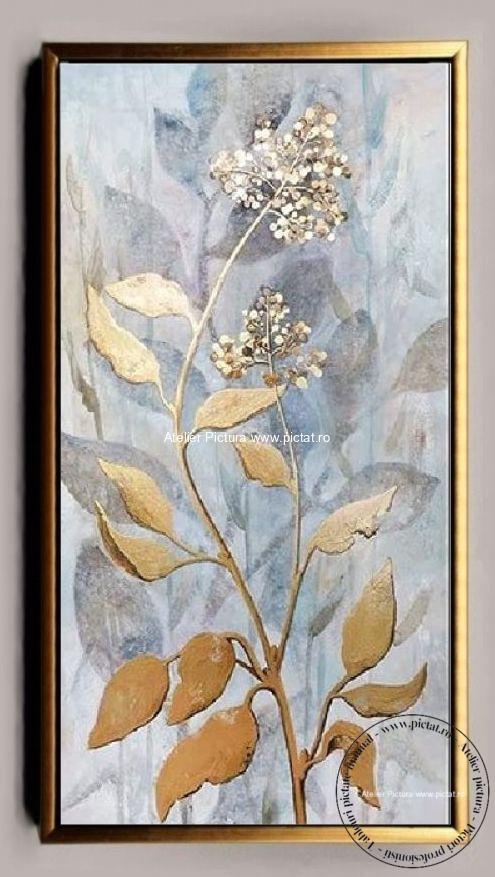 Tablou plante aurii, tablou abstract, tablouri cu flori aurii, Pictura cu foita de aur