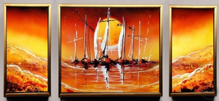 peisaj marin, tablouri abstracte set, tablou pictat cu barci la apus de soare