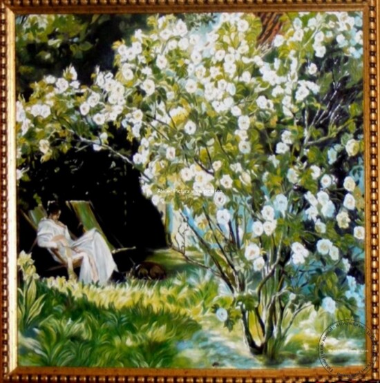 Tablou femeie, tablou cu flori tablou femei in gradinita cu trandafiri 82x75cm