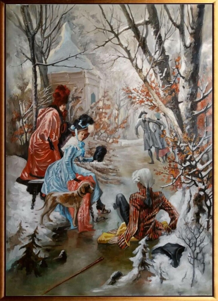 Tablou peisaj de iarna cu patinatori, Tablou clasic pictura ulei pe panza 99x76cm.