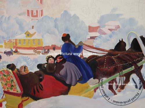 Tablou pictat manual Peisaj de iarna, Boris Kustodiev. Shrove Tuesday 1916. Tablou reproducere celebra 4567