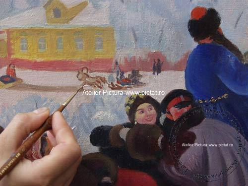Tablou pictat manual Peisaj de iarna, Boris Kustodiev. Shrove Tuesday 1916. Tablou reproducere celebra 456