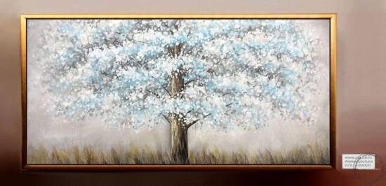 Tablou copac cu frunze albastre, tablouri cu copaci, tablouri frunze argintii, tablou contemporan, tablou sufragerie