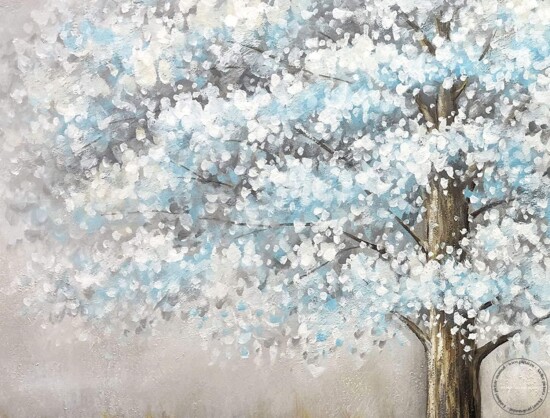 Tablou copac cu frunze albastre, tablouri cu copaci, tablouri frunze argintii, tablou contemporan, tablou sufragerie