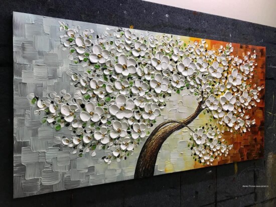 Tablou copac cu flori, tablou flori de cires, tablou flori albe, tablou flori roz, tablouri abstracte, tablouri mari, magazin tablouri vanzare