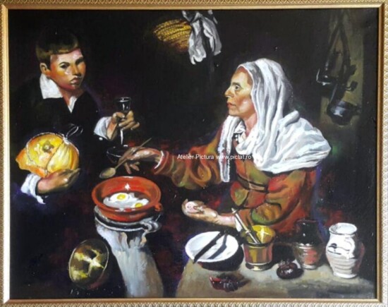 Tablou portret femeie batrana, Tablou portret copil cu dovleac, Tablou pictat, Reproducere Velazquez 55x49cm