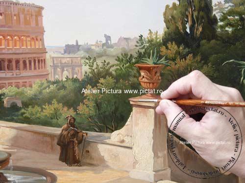 Tablouri la comanda, reproducere pictata cu scene din viața contemporană amplasate în jurul principalelor monumente ale Romei antice