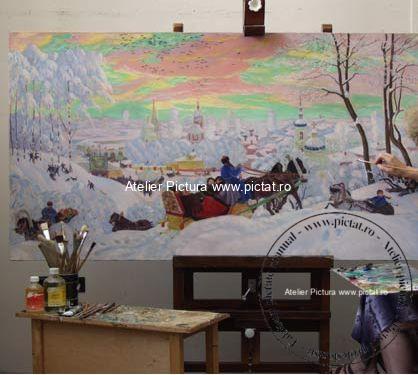 Tablou pictat manual Peisaj de iarna, Boris Kustodiev. Shrove Tuesday 1916. Tablou reproducere celebra 23