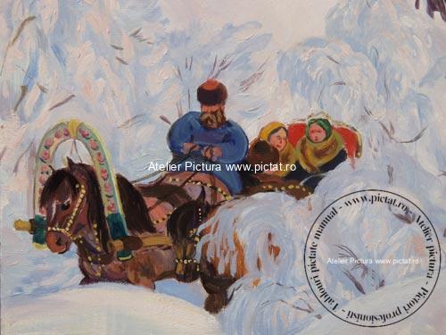 Tablou pictat manual Peisaj de iarna, Boris Kustodiev. Shrove Tuesday 1916. Tablou reproducere celebra 45