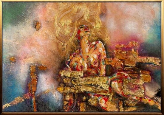 Tablouri pictate manual Hedonista, Tablou abstract original, tablou auriu, tablou femeie cu parul de aur 140x100cm