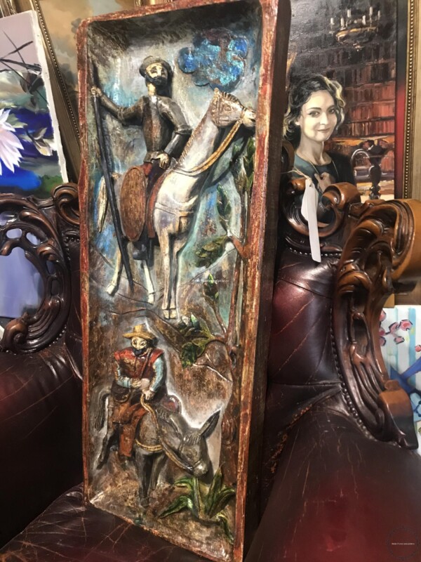 Tablou sculptat lemn masiv, sculptată lemn Tablou vintage antique Don Quijote si Rocinante 90x35cm