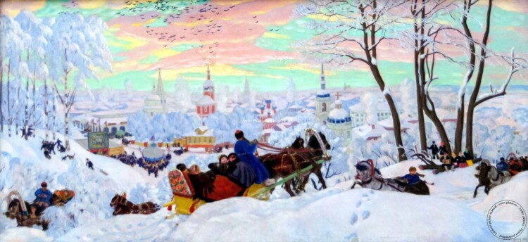 Tablou pictat manual Peisaj de iarna, Boris Kustodiev. Shrove Tuesday 1916. Tablou reproducere celebra 2