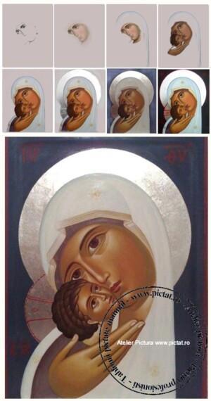 Icoana pictata manual si placata cu foita de aur Icoana Maica Domnului cu pruncul Iisus