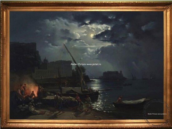 Pictura celebra peisaj marin, vedere din Napoli la lumina lunii, pictor Silvestr Fedosievich Shchedrin 1829, view Of Naples in moonlight