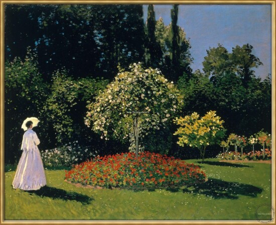Reproducere pictură în ulei de calitate muzeală, Tablou cu Peisa de vara cu flori si Femeie în grădină, femeie imbracata in alb Tablou impresionist Ulei pe pânză, Tablou reproducere Peisaj Claude Monet celebra, Pictura celebra Doamnă într-o grădină Grădina de la Sainte Adresse.