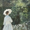 Tablou Peisa Femeie în grădină, femeie imbracata in alb Tablou impresionist Ulei pe pânză, Tablou reproducere Peisaj Claude Monet celebra, Pictura celebra Doamnă într-o grădină 1867