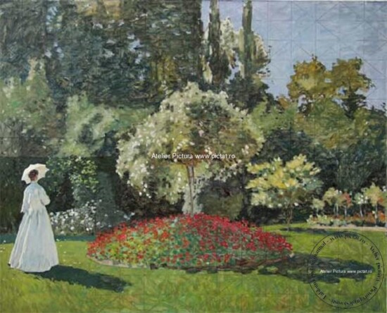 Tablou Peisa de vara cu Femeie în grădină, femeie imbracata in alb Tablou impresionist Ulei pe pânză, Tablou reproducere Peisaj Claude Monet celebra, Pictura celebra Doamnă într-o grădină 1867
