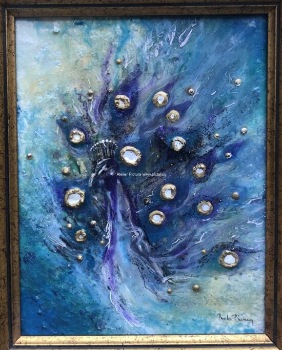 Tablou cu pauni, tablou cu pasari, tablou abstract albastru, pictura cu pasare exotica, inramat 24x28 cm