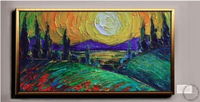 Tablouri pictate manual Peisaj abstract cu apus de soare, pictura in cutit