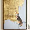 Tablouri pictate manual Peisaj abstract cu pui de Beagle, pictura placata cu foita de aur