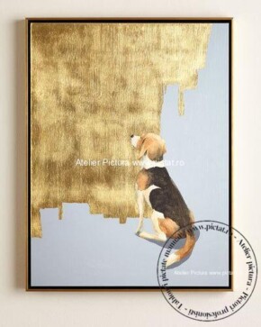 Tablouri pictate manual Peisaj abstract cu pui de Beagle, pictura placata cu foita de aur