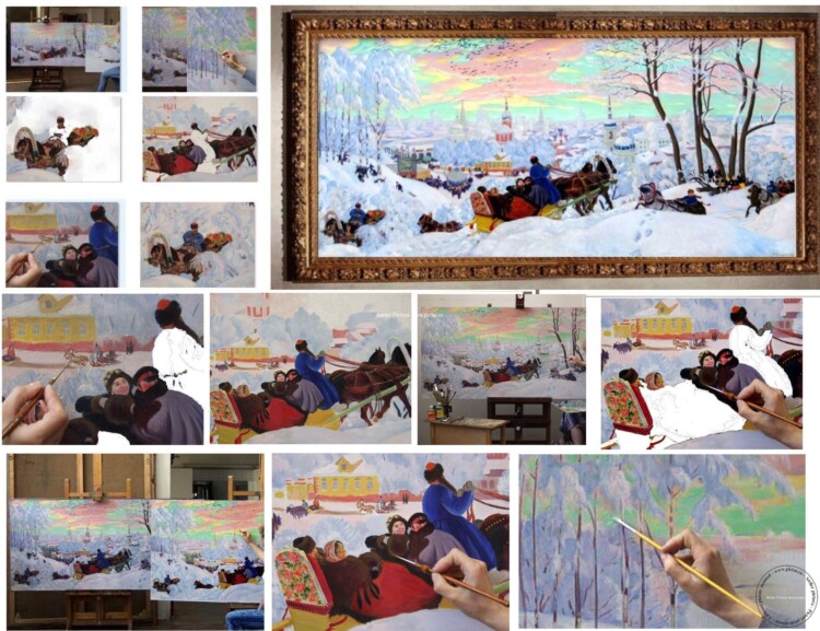 Tablou pictat manual Peisaj de iarna, Boris Kustodiev. Shrove Tuesday 1916. Tablou reproducere celebra