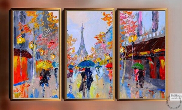 Peisaj paris, Pictat in cutit, tablou cu oameni in ploaie