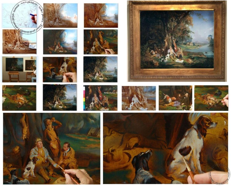 Pictura celebra cu Peisaj vanatoresc, peisaj cu padure, Peisaj de vara, Hunters at Rest Painting, 1844 Bogdan Pavlovitch Willewalde