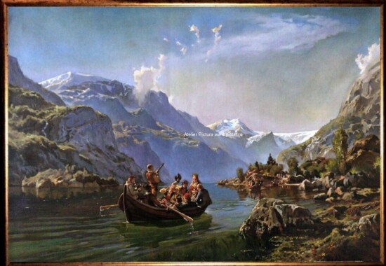 Pictura peisaj celebru din natura Tablou Peisaj lac intre munti, tablouri cu peisaje celebre pictate manual ulei panza 66x46cm