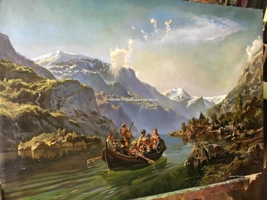 Pictura peisaj celebru din natura Tablou Peisaj lac intre munti, tablouri cu peisaje celebre pictate manual ulei panza 66x46cm