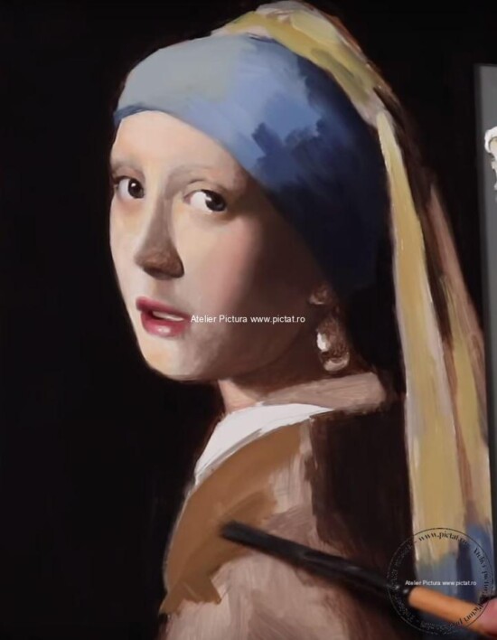 Portret femeie, reproducere pictura celebra, tablou Vermeer's The Girl with a Pearl Earring.
