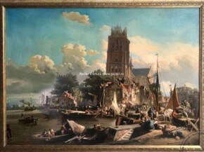 Tablou reproducere celebra, peisaj marin tablou pictat in ulei pe panza Port aglomerat cu comercianti 73×96cm
