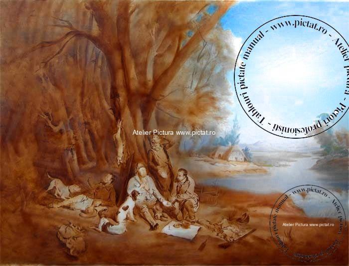Tablou peisaj cu vanatori in padure, peisaj cu padure, Peisaj de vara, Hunters at Rest, 1844 Bogdan Pavlovitch Willewalde