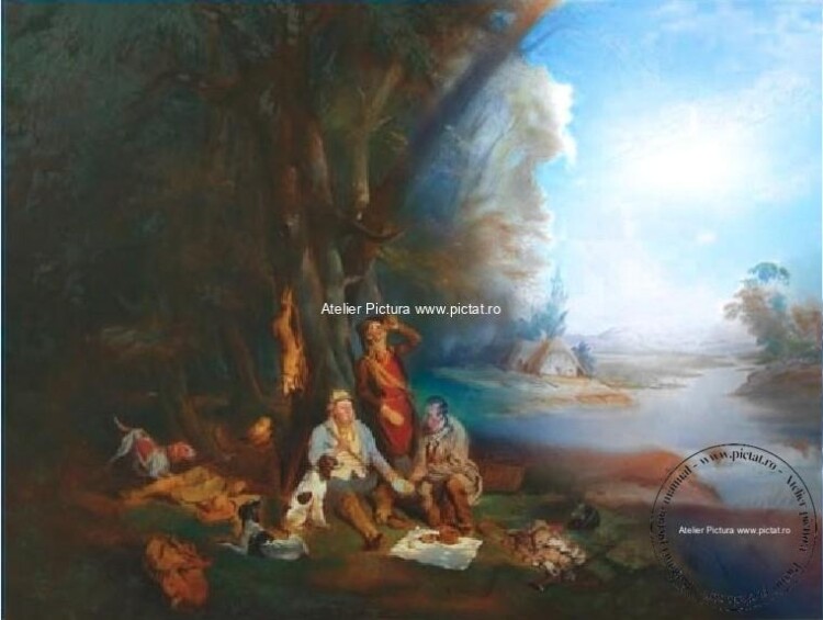 Tablou cu Peisaj vanatoresc, peisaj cu padure, Peisaj de vara, Hunters at Rest Painting, 1844 Bogdan Pavlovitch Willewalde