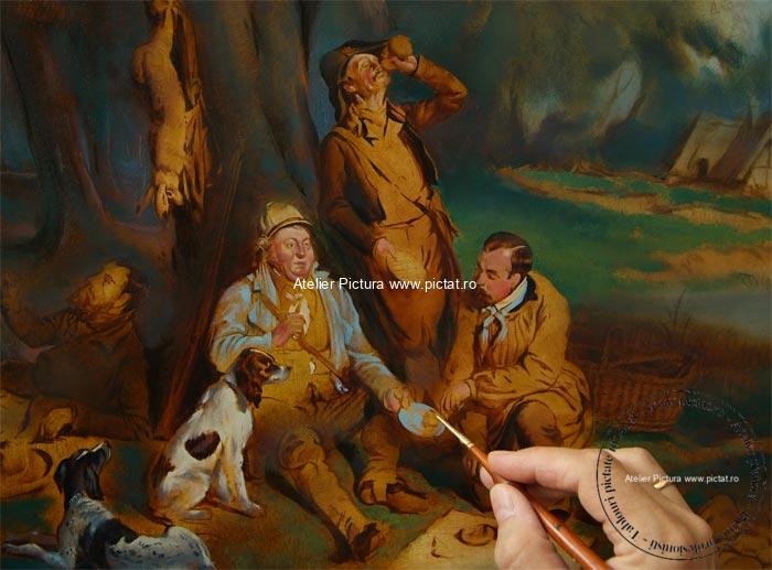Peisaj vanatoresc pictat manual ulei pe panza, peisaj cu padure, Peisaj de vara, Hunters at Rest Painting, 1844 Bogdan Pavlovitch Willewalde
