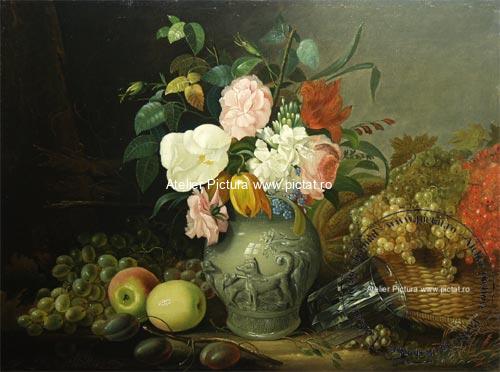 Tablouri cu flori pictori celebri Reproducere pictura celebra tablou stile life cu flori si fructe, pictor Ivan Khrutsky, flowers and fruits 1854